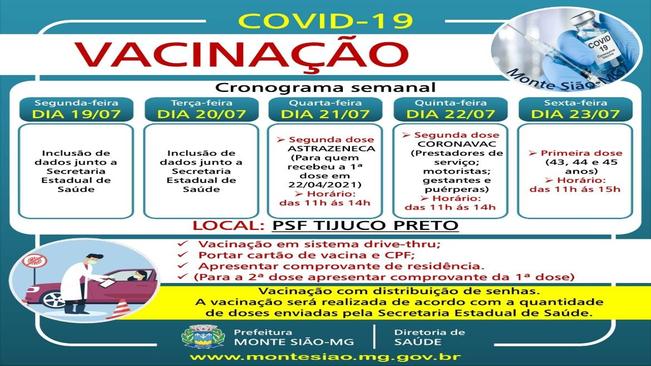 VACINAÇÃO CONTRA COVID 19 - CRONOGRAMA SEMANAL